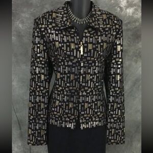 Beautiful St John Black & Silver Patterned Blazer pailettes sparkle fancy shiny